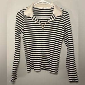Mango Striped Black and Cream Long Sleeve Polo Quarter Zip Shirt Size XS Womens